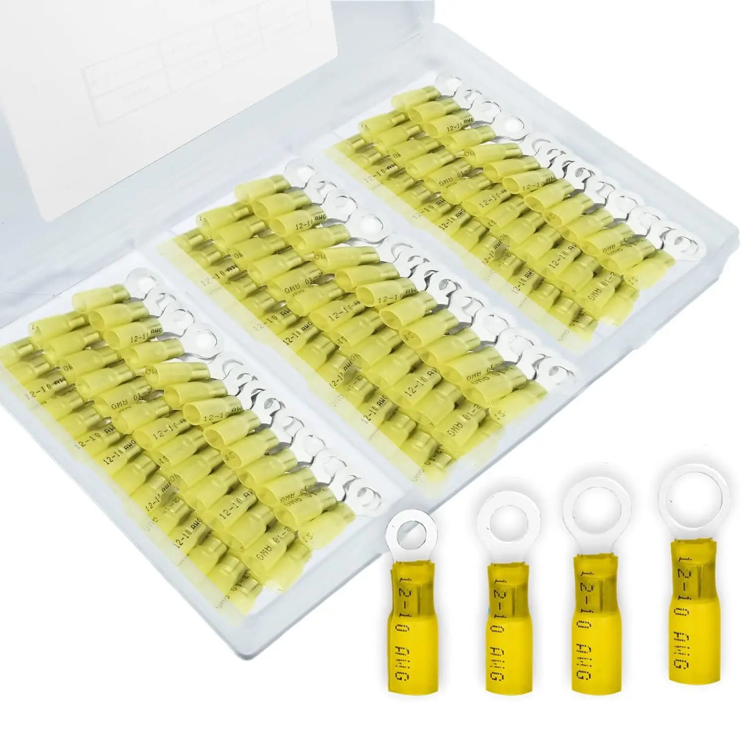 120Pcs Yellow HRV Heat Shrink O-Type Ring Terminals Insulated Waterproof Tin Plated Brass Wire Connectors Assortment Box
