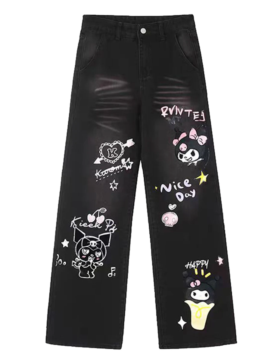 American-Style Blue Wide-Leg Jeans Women Spring/Summer New Japanese Sanrio Kuromi Printed High Street Hot Girl Bell-Bottom Pants