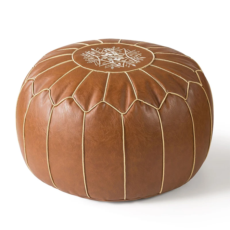 Moroccan PU Leather Pouf Embroider Craft Hassock Ottoman Footstool Cover Round Artificial Leather Pouffe Cushion Unstuffed