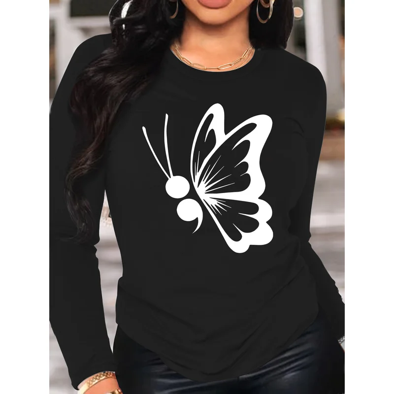Women's Long Sleeve T-Shirt Semicolon Butterfly Mental Health Awareness Hope Graphic Crew Neck Slim Fit Spring Fall Tops