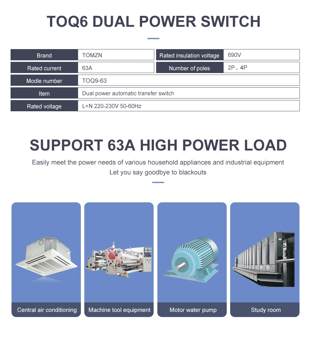 TOMZN TOQ9 Schlanker Dual-Power Automatischer Transferschalter ATS 2P 4P 230V AC 63A DIN-Schiene 50/60Hz Unterbrechungsfreier Umschalter – Detail 3
