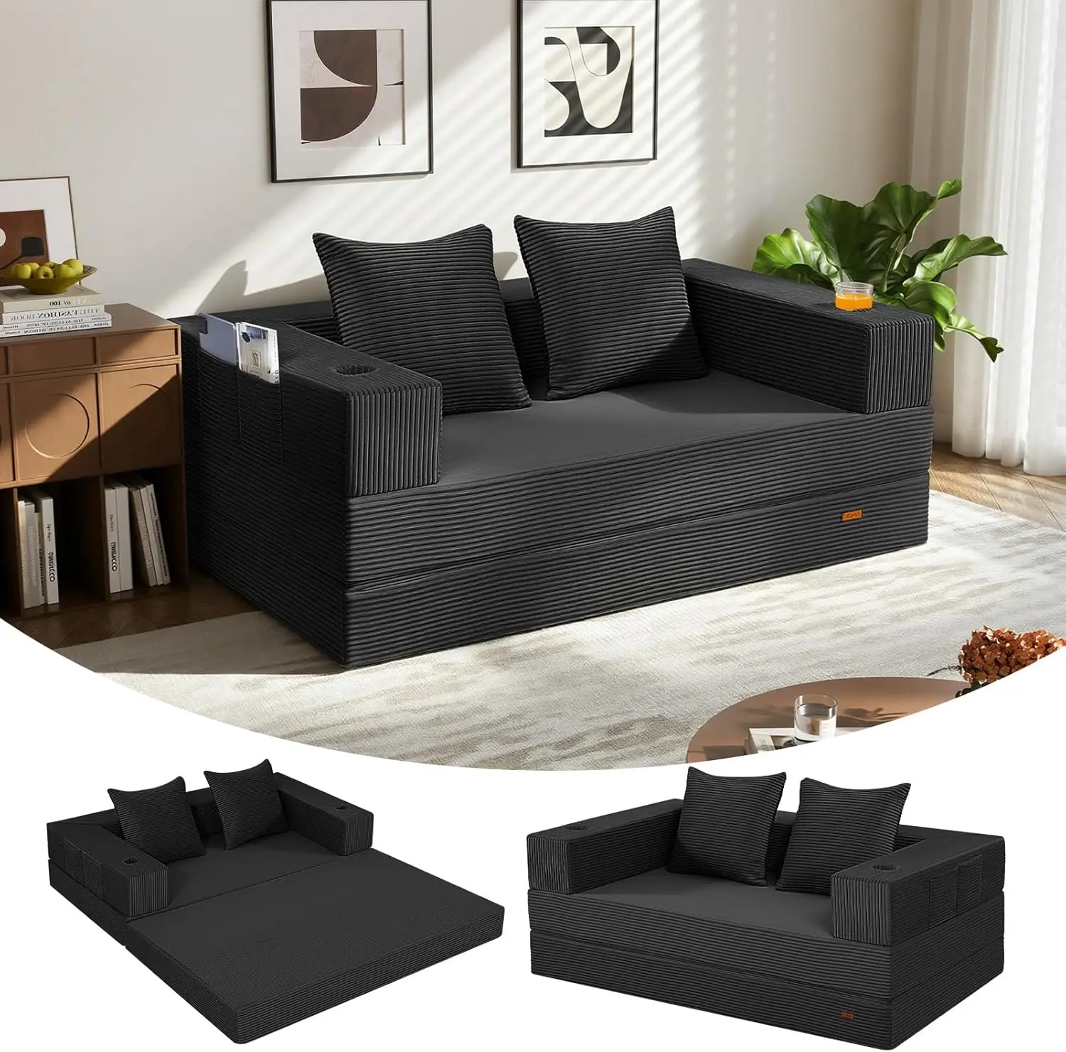 4-in-1 Convertible Sofa Bed, Foldable Futon for Living Room, Space-Saving Sleeper with Comfy Mattress in Black