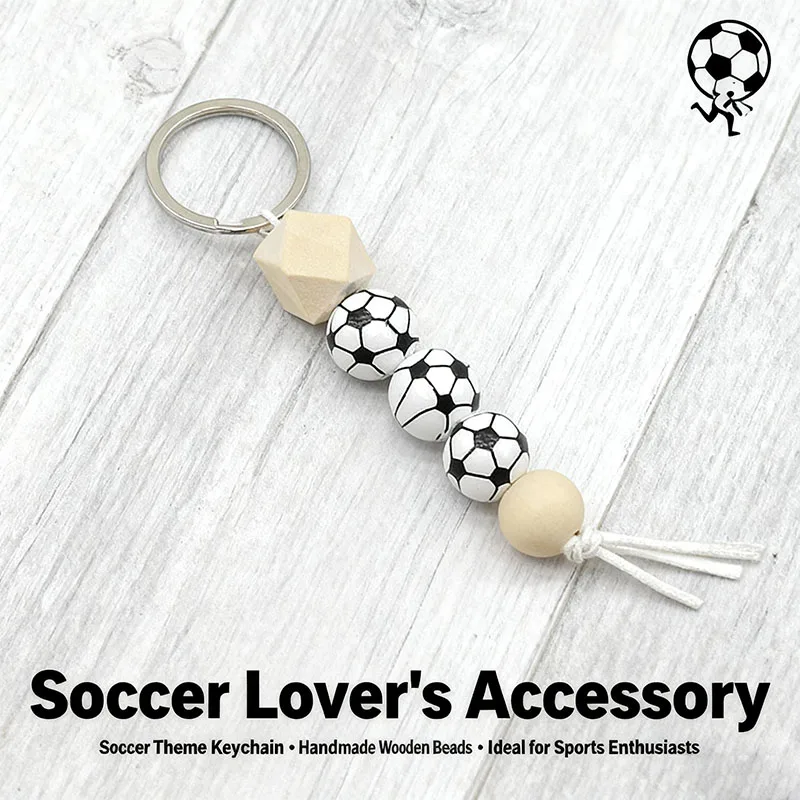 Lässiger handgefertigter Holzperlen-Schlüsselanhänger, Unisex, Baseball, Rugby, Fußball, runde Schnalle, Schlüsselanhänger, Sportliebhaber, Tasche, Schlüssel zum Aufhängen, Zubehör