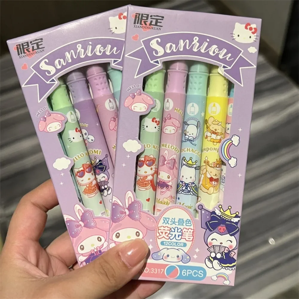 

6pcs/box Kawaii Cute Anime Peripheral Hello Kitty Kuromi Cartoon Pupil Diary Key Point Fluorescent Marker Study Stationery Gift