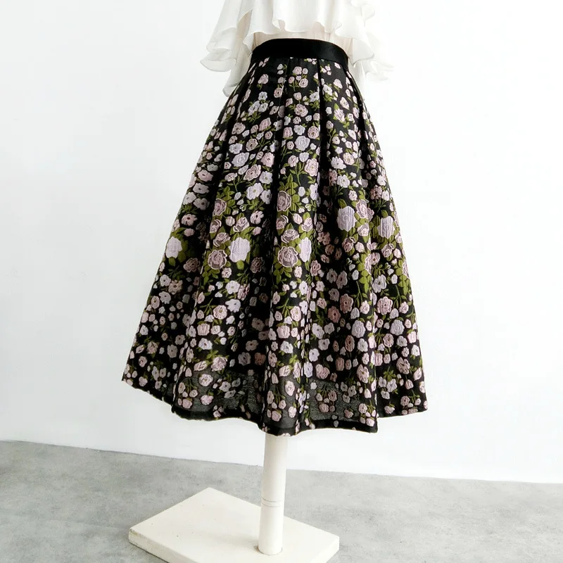 Black embroidered organza temperament women high waist pleated skirt