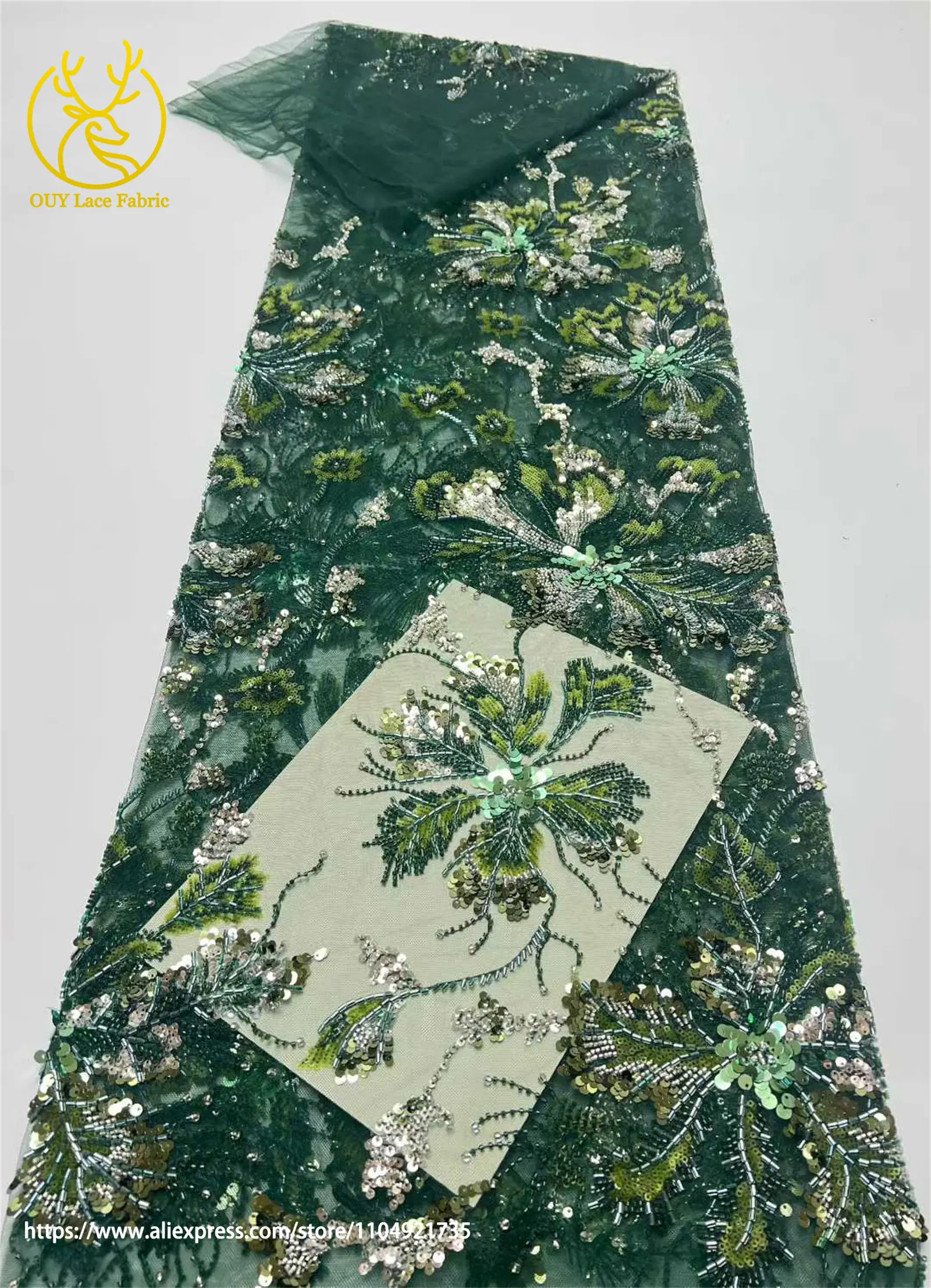 Afrikanischer Netz-Stickerei-Pailletten-Spitzenstoff 2026 Luxuriöser Französischer Tüll Perlenbesetzter Stoff für Damen-Partykleider Nähstoff 5 Yards – Detail 9
