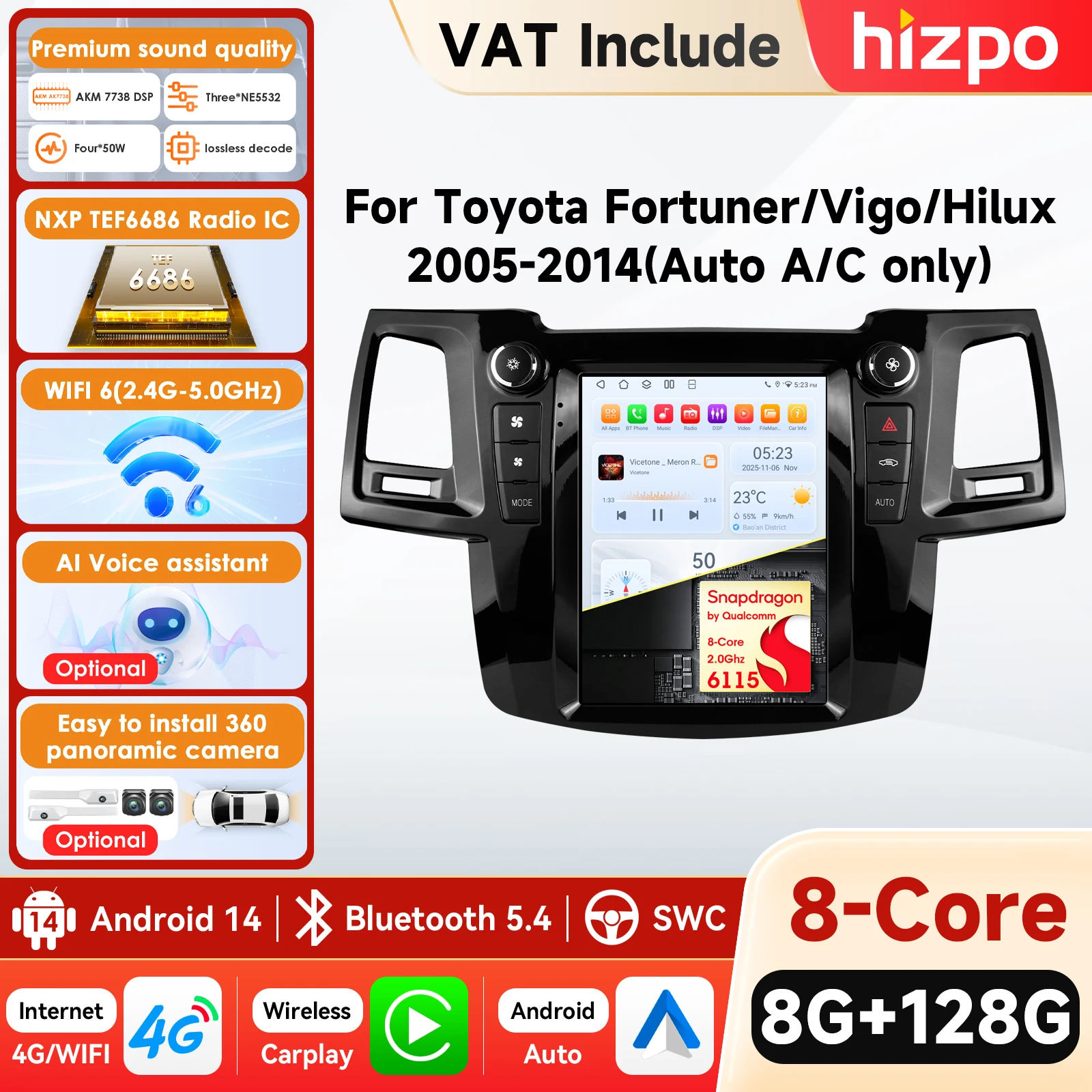 Hizpo 6115 Unidad Principal de Audio para Auto de 9.7" con 4G, CarPlay, Android Auto y GPS para Toyota Fortuner 2005-2014 Hilux Vigo 360 °   Cámara con Bluetooth
