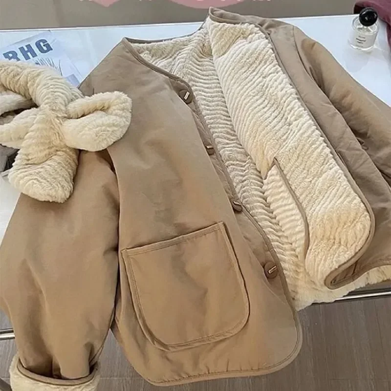 

Утолщенная теплая куртка цвета хаки в стиле ретро, простой дизайн, однобортная бархатная универсальная хлопковая куртка
