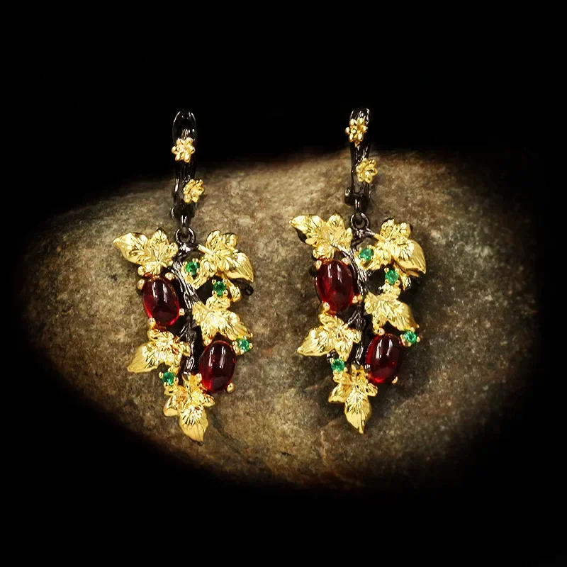 New Elegant Black Gold Ruby Pendant Flower Leaf 925 Silver Earrings Crystal Gemstone Ladies Jewelry Earrings Silver 925 Jewelry