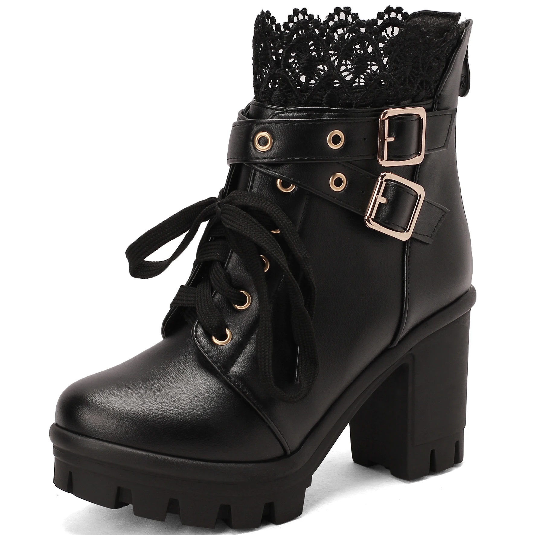 Goth Boots Women Platform Chunky Heel Buckle Lace Up Combat Booties
