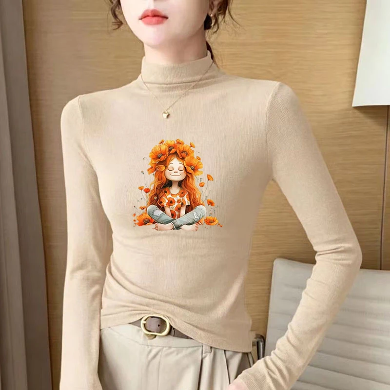 Winter Women's Thermal Brushed Fleece Half Mock Neck Long Sleeve T Shirt Orange Flower Girl Meditating Graphic Warm Tee