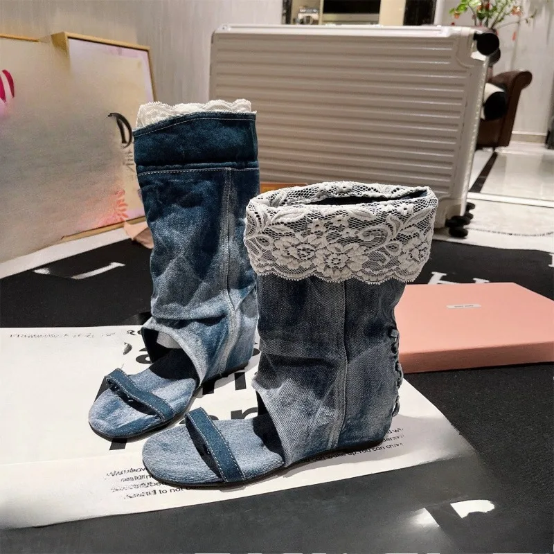 Temperament Trendy Denim Lace Lapel Booties Women Summer Western Denim Heightening Dew Sandals