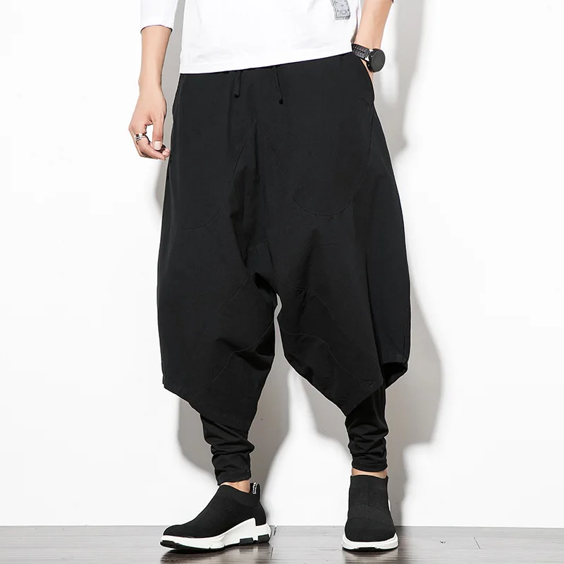 

Men's Cotton Linen Harajuku Sle Low Waist Loose Fit Faion Color Summer Windy Pants Large Foot Pants Casual Trousers