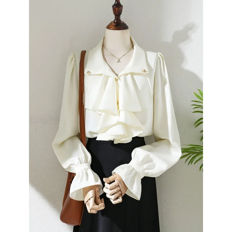 2025 Autumn New Women's Blouse Long Sleeve Shirt Court Style Bell Sleeve Design Elegant Blouse