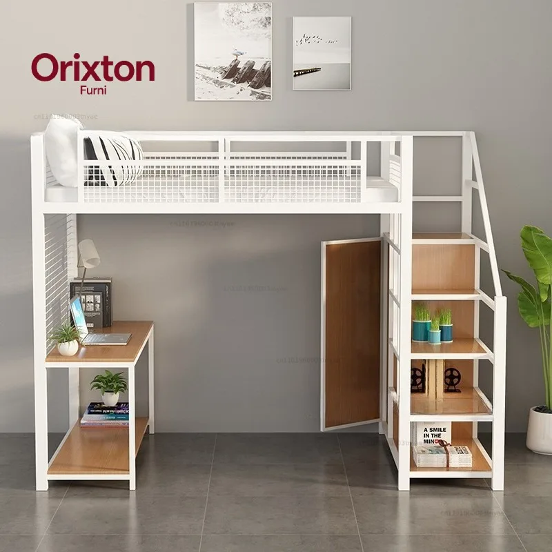 Nordic Iron High Loft Bed with Wardrobe & Bookshelf, Minimalist Bunk Bed, Space-Saving Single Metal Bed for Home سرير أسرّة