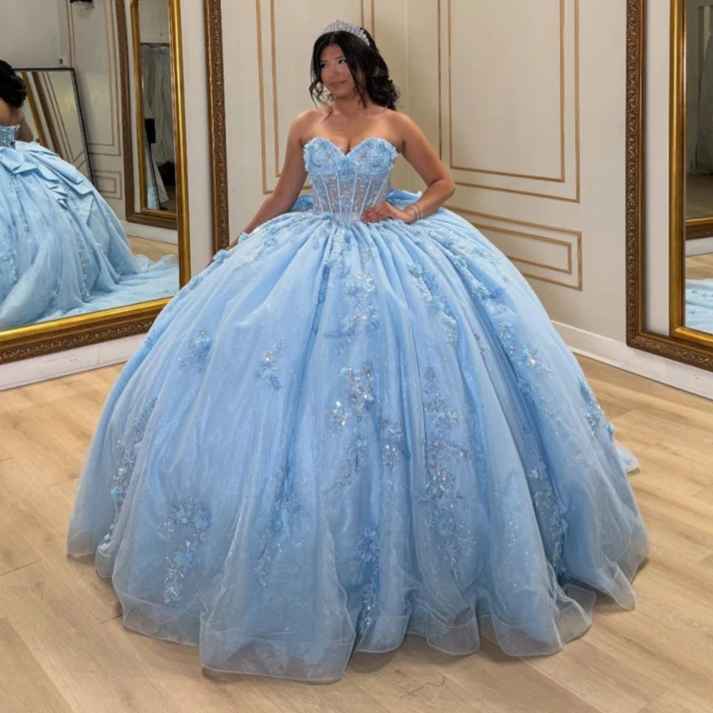 

Небесно-голубое блестящее платье Quinceanera с открытыми плечами и аппликацией из кружева и бусин, тюлевое платье для вечеринки, дня рождения, сладкое платье 16, Vestidos 15 De Anos