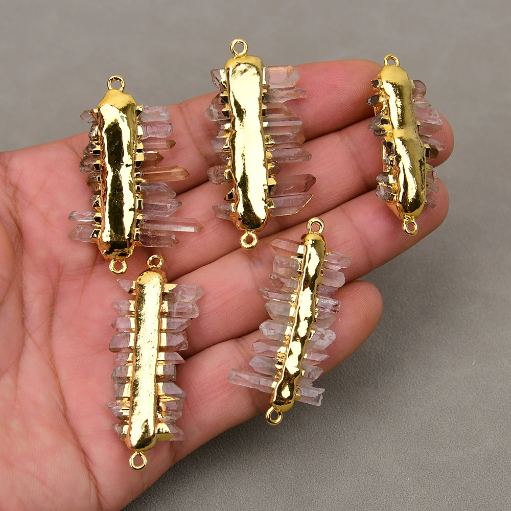 APDGG 5 Pcs Natural Clear Rock Quartz Crystal Gold Plated Bezel Sets Connector Necklace Jewelry DIY