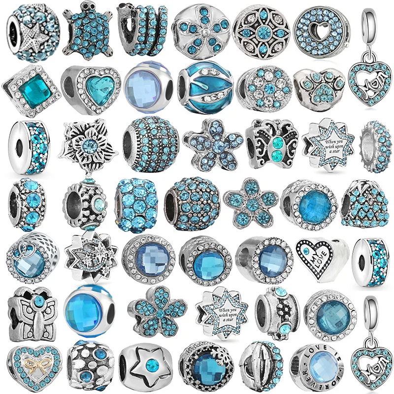 New Silver Plated Blue Diamond MY LOVE Alloy Large Hole Charm Beads For Pandora DIY Bracelet Necklace Jewelry Accessories Gifts