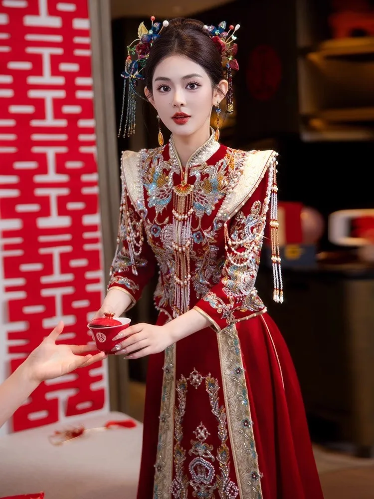 

Velvet wedding dress plus-size bride's gown heavy-duty Chinese-style