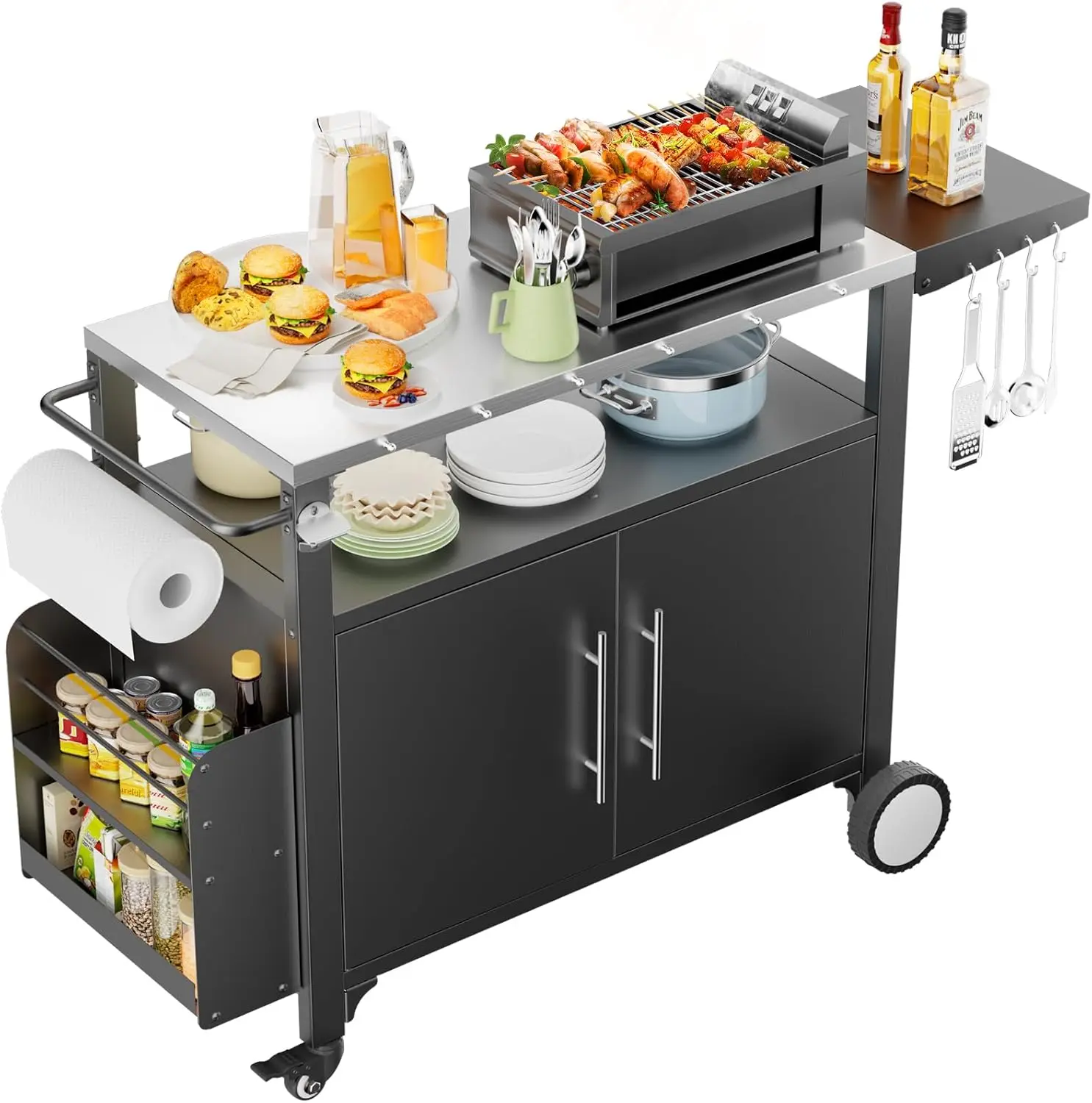 Movable Outdoor Grill Table for Parties and Home Gatherings, Waterproof Patio Kitchen Island with Hooks and Spice Rack,Versatile