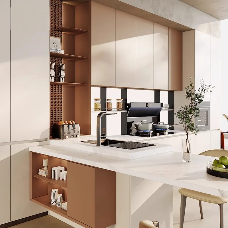 Custom-made kitchen cabinets with integrated stoves painted surfaces quartz countertops and solid wood core for home kitchens