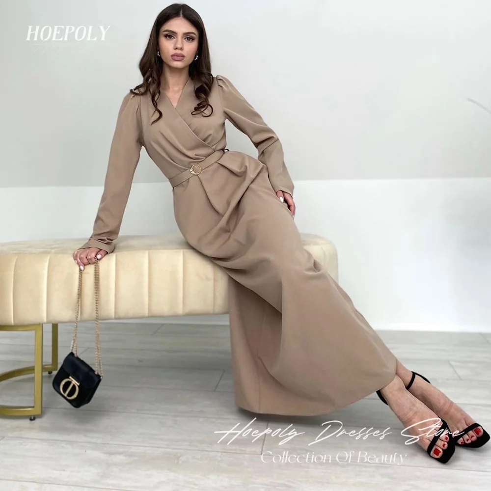 

Hoepoly Satin A-line V-neck Popular Ruffle Prom Gown Ankle-length Elegant Formal Evening Party Dress for Women 2023