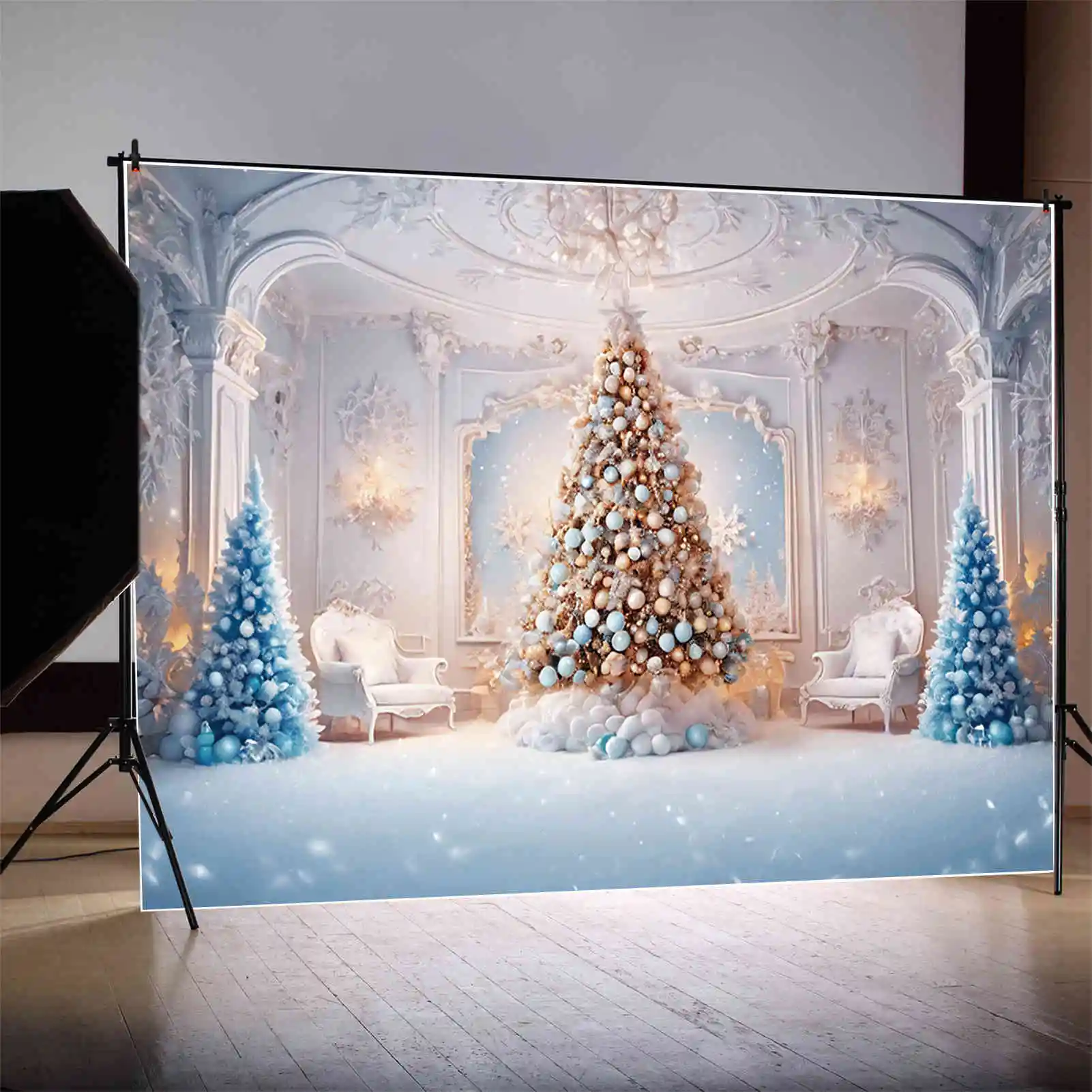 MOON.QG-Fondo de chimenea de árbol de Navidad, fondo azul congelado para interiores, sala de estar, fondos occidentales, decoración de fiesta, accesorios de zona de fotos