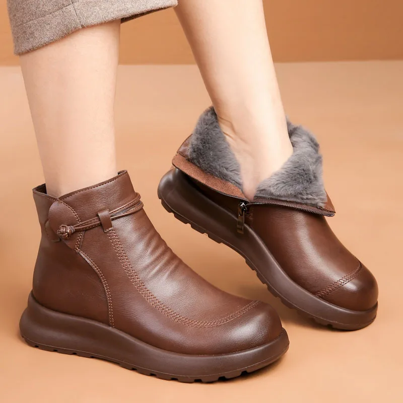 Fashion Winter Boots Women Genuine Leather Ankle Warm Boots women's casual ankle boots mother flat warm non-slip cotton shoes