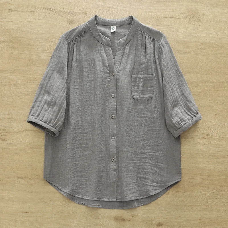 New 2025 Summer Cotton Yarn Half Sleeve Shirt, Women V Neck Solid, Mori Girl Soft Breathable Versatile Loose Blouse T55369CC