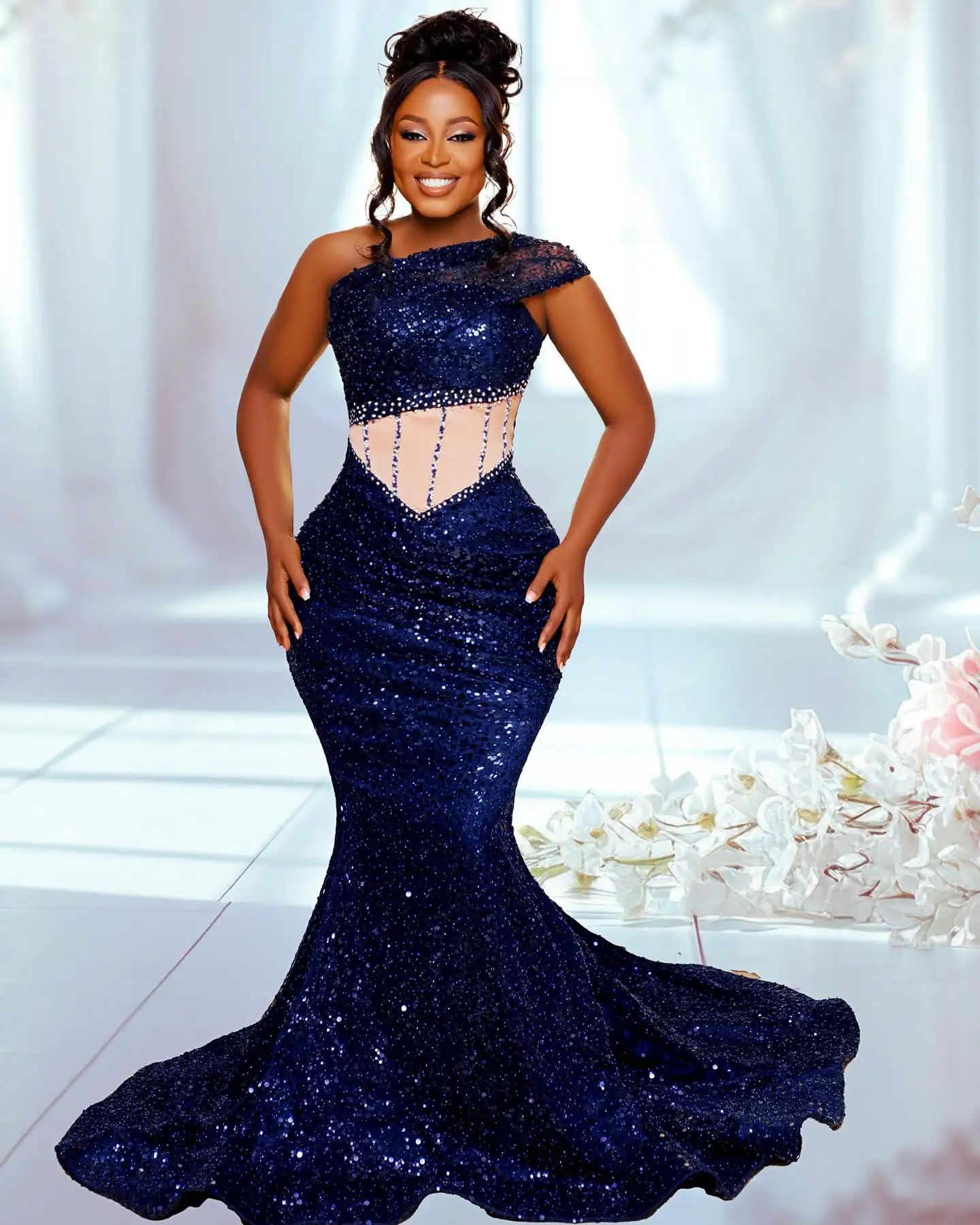 Sparkly Navy Blue Beaded Sequins African Prom Dresses One Shoulder Corset Lace-up Asoebi Wedding Reception Dress Formal Gowns