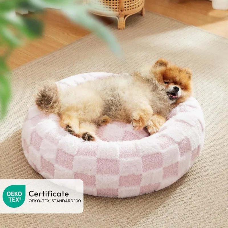 Round Donut Cat and Dog Cushion Bed, 20in Pet Bed for Cats or Small Dogs, Anti-Slip & Water-Resistant Bottom