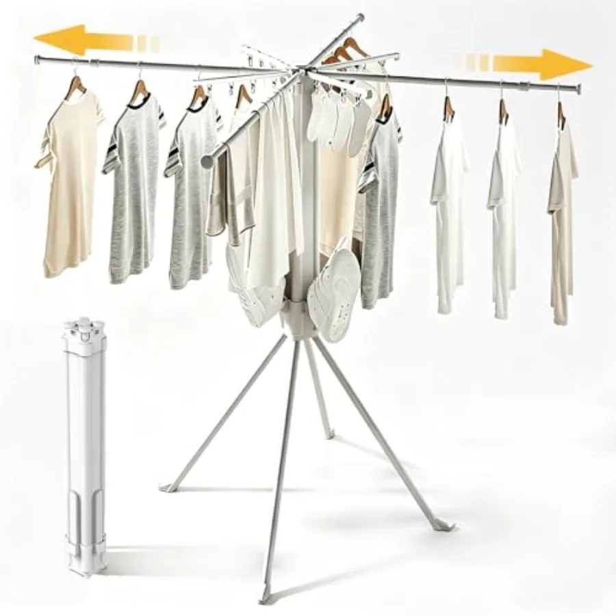 

Foldable Clothes Drying Rack with 4 Retractable Drying Rods + 4 Shoe Racks + 16 Clips Collapsible Laundry Drying Rack for Indoo