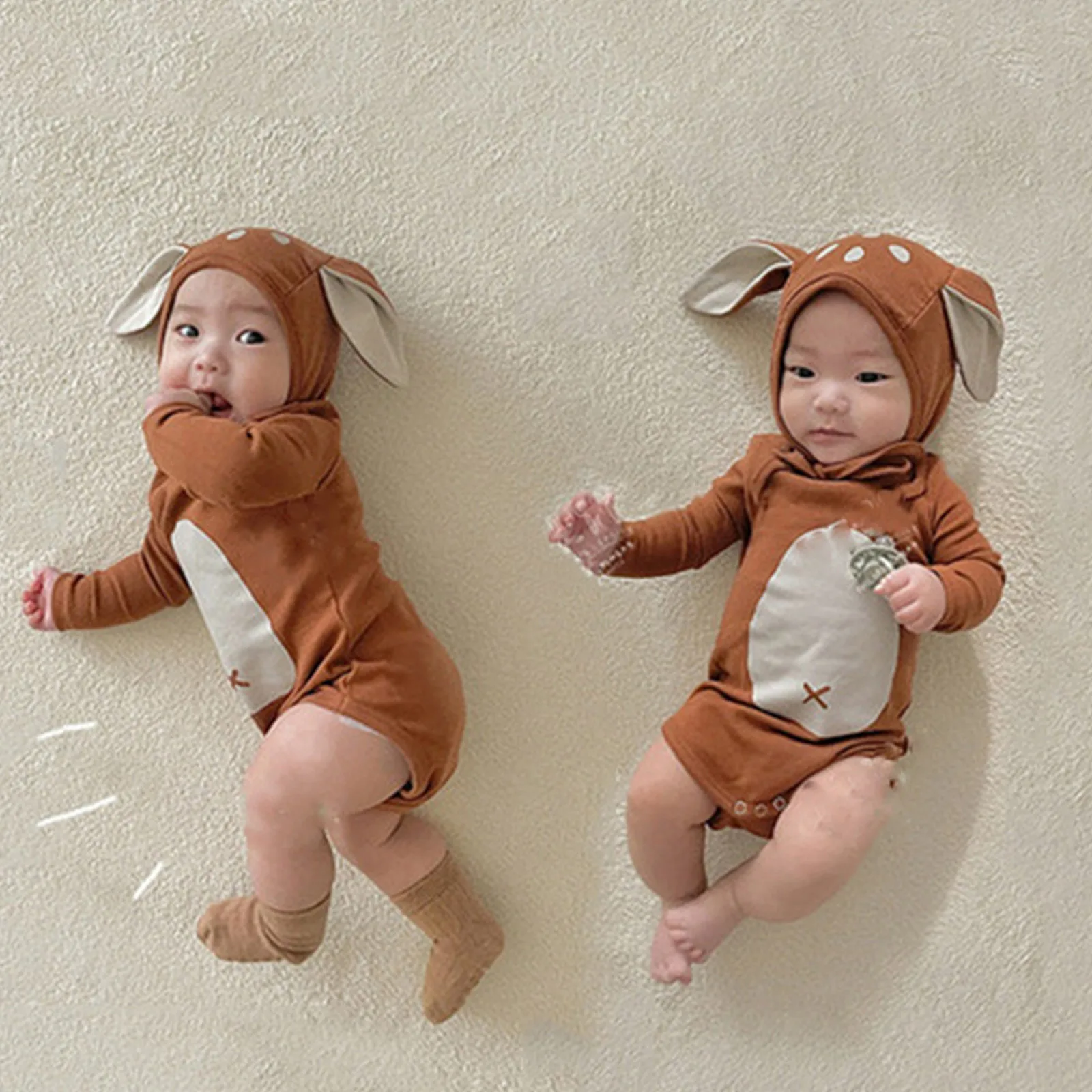 

Chris Baby Sika Deer Romper Hat 2pcs Sets Brown Infant Boy Girl Bodysuit Cap Clothing Outfits Long Sleeve Autumn Winter Cosplay