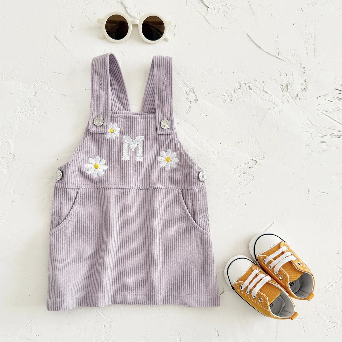 Toddler Baby Girl Suspender Dress Corduroy Daisy & Letter M Embroidery Sleeveless Pinafore Skirt with Side Pockets