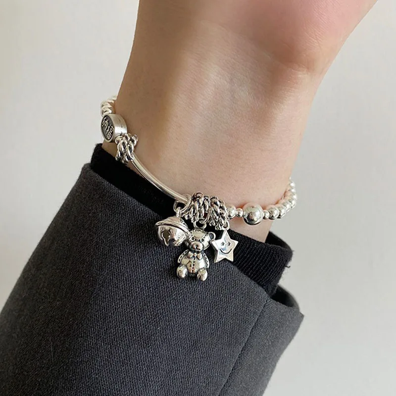 Nuovo design vintage orso animale campana stella tailandese argento braccialetto di fascino femminile gioielli all'ingrosso per le donne regali di compleanno non sbiadiscono