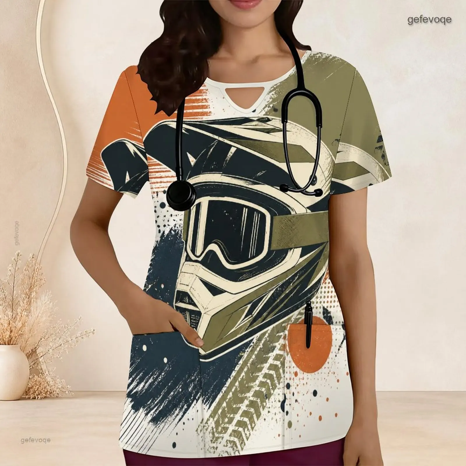 Women Keyhole Neck Short Sleeve Front Pockets Printed Scrub Top