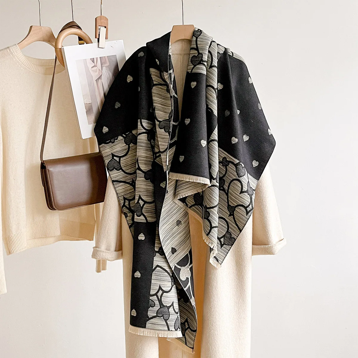 Imitation Cashmere Fringed Scarf Women Thick Warm Shawl Reversible Winter Print Scarf Pashmina Autumn Large Blanket Wrap