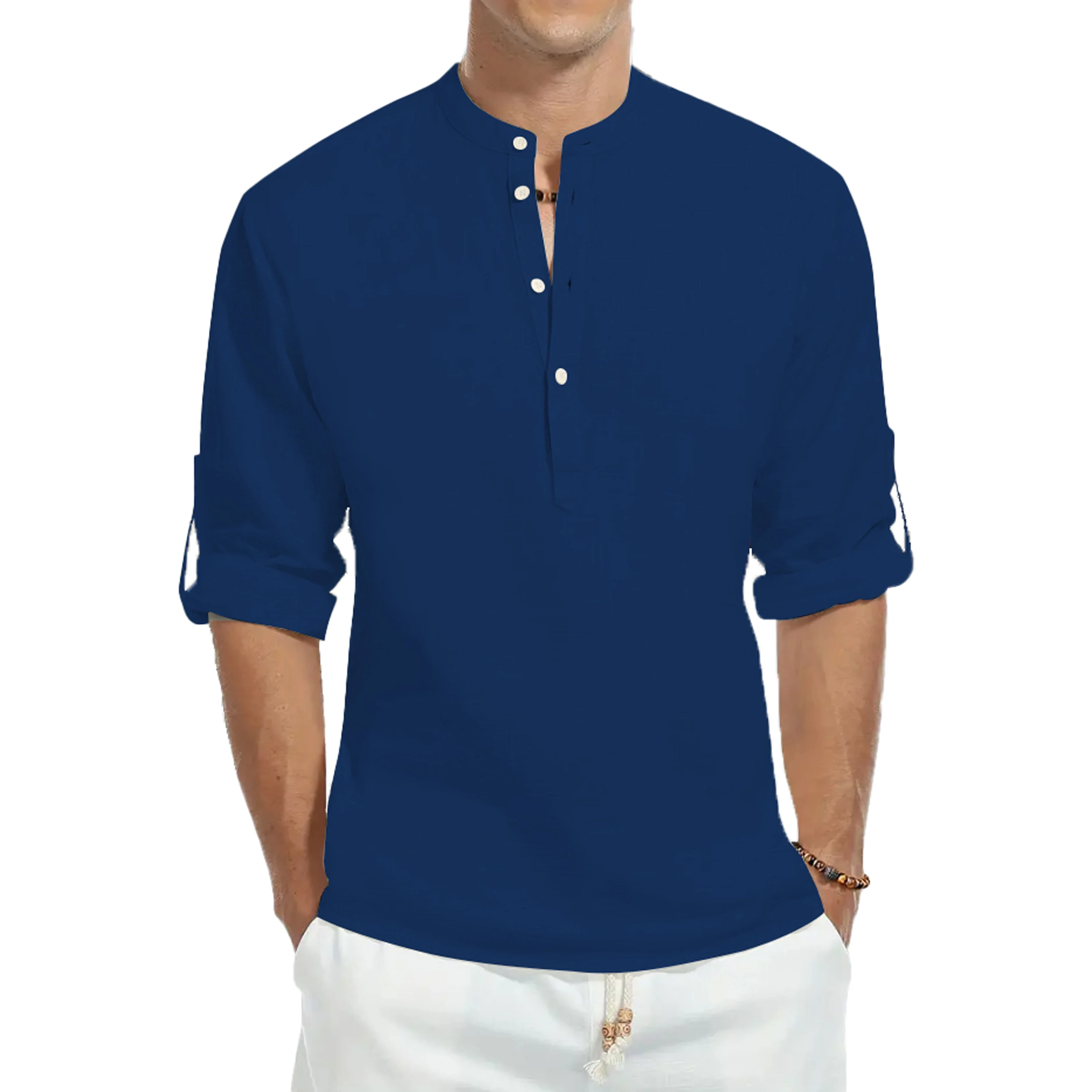 

Повседневные рубашки, свободные хлопковые мужские рубашки, модные однотонные футболки с воротником-стойкой и длинными рукавами, красивые облегающие топы