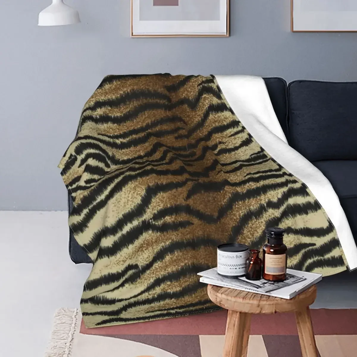 Warm Soft Bedspread King Queen Full Size Brown Tiger Print Flannel Throw Blanket Stripes Animal Fur Pattern Comfy Fleece Blanket