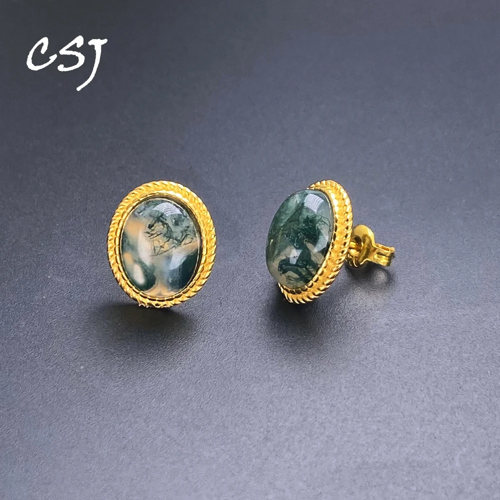 Elegant Natural  Larimar Moss Agate Moonstone Stud Earring Sterling 925 Silver 18K Yellow Gold for Women Birthday Party Gift