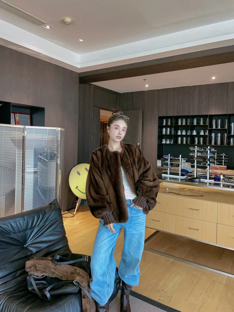 Lautaro Autumn Winter Brown Thick Warm Soft Faux Mink Fur Coat Women Lantern Sleeves Elegant Luxury Chic Fluffy Jacket 2026