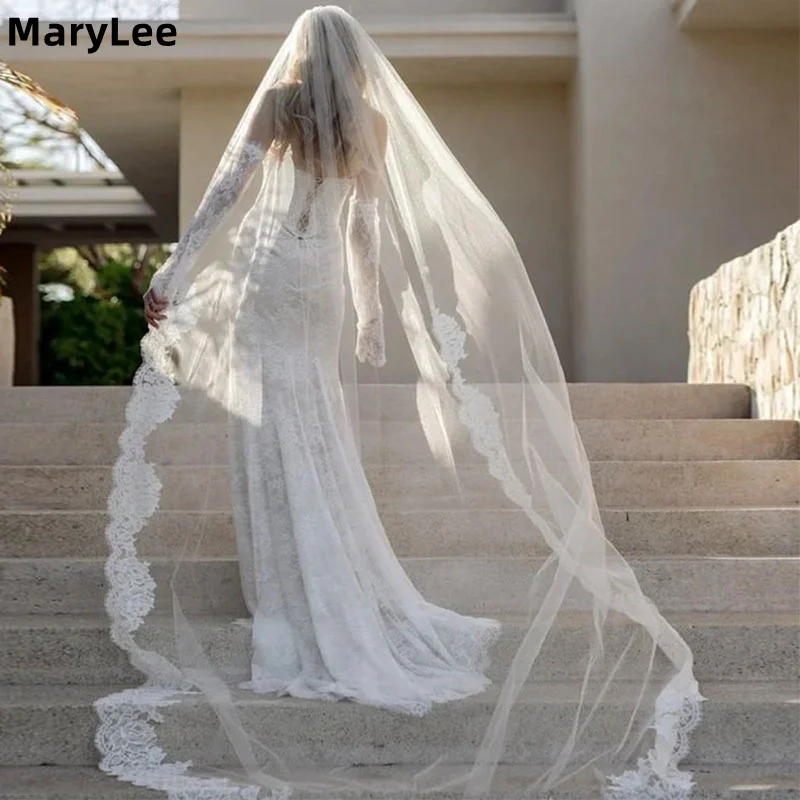

One Layer Cathedral Wedding Veil 3m White Ivory Lace Edge Bridal Veil with Comb Vintage Lace Appliques Long Veils for Wedding