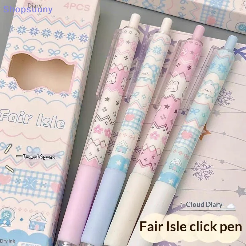 [SU]4Pcs Cartoon Ins Style Printed Press Pen, Student Quick-dry Practice 0.5mm Black Pen Cute Pens Gel Pen[SU]