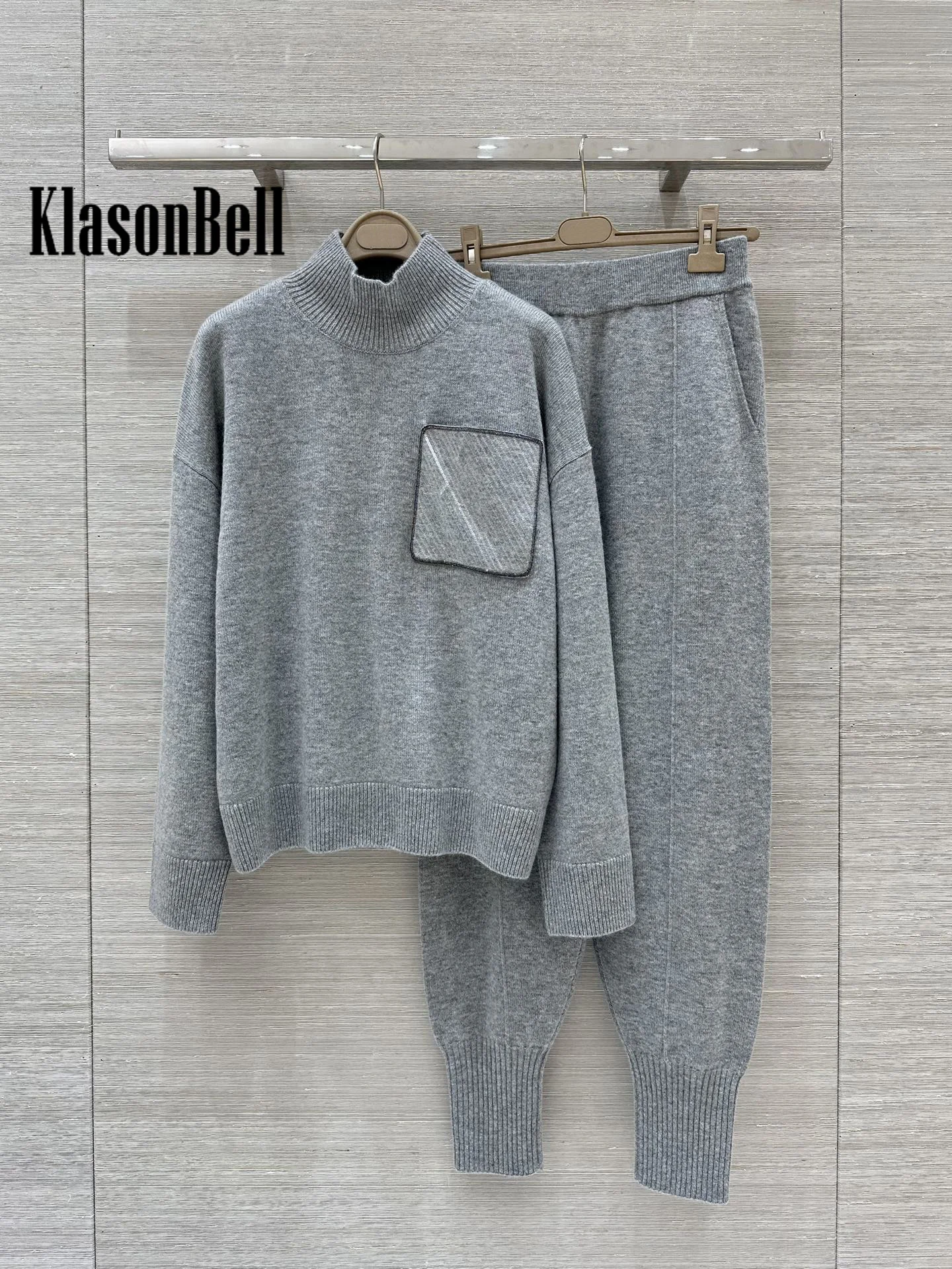 8.22 KlasonBell Women Sequins Bead Chain Pocket Turtleneck Knit Sweater + Elastic Waist Pants Cashmere Knit 2 Piece Casual Set