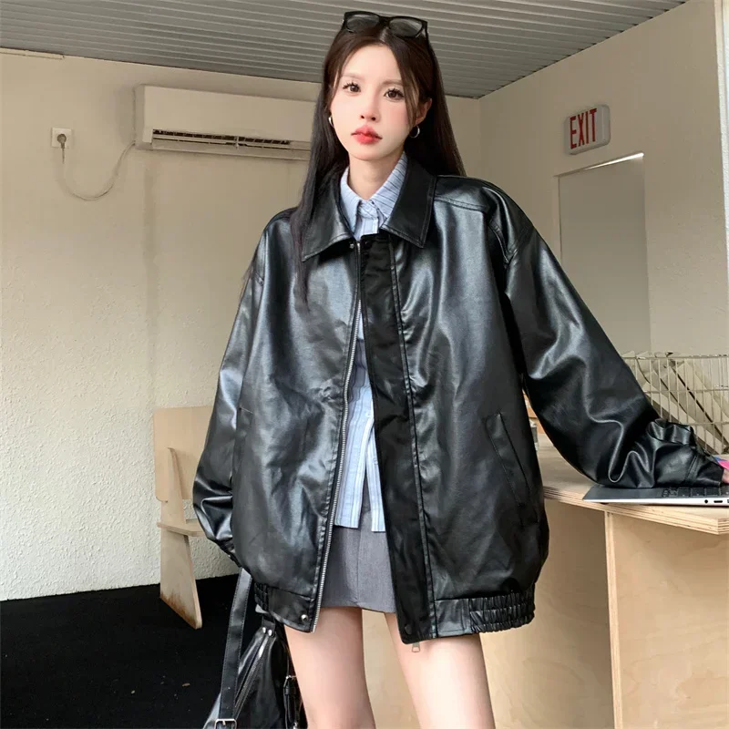 Women Faux Leather Jacket American Vintage Solid Color Pu Loose Casual Versatile Outwear Highstreet Streetwear Coats Female