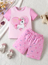 Girls 2pcs Sweet Unicorn Summer Loungewear Set - Soft Short Sleeve Crew Neck Top & Shorts Outfit, Lightweight Sleepwear for Kids