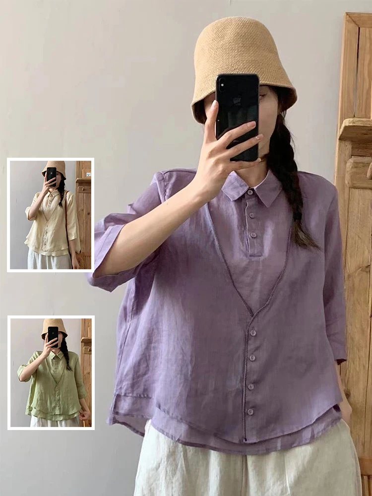 

Новый летний льняной воротник из сращенного хлопка f Sve irt, женский модный повседневный свободный крой большого размера на пуговицах