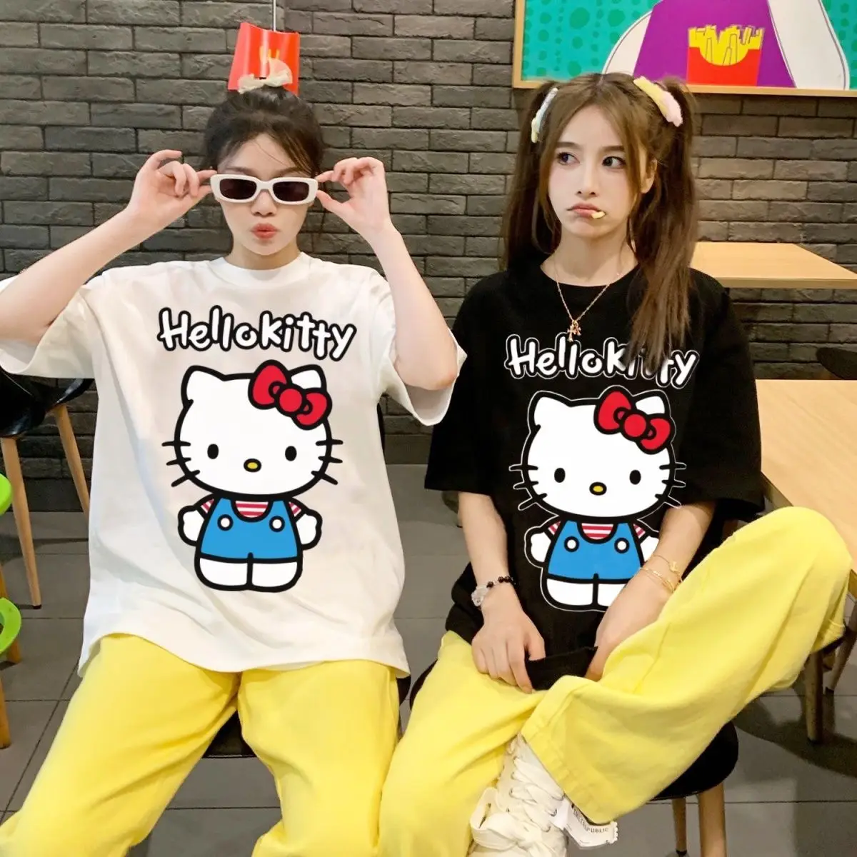 Y2k Hello Kitty Shirt Top Women Clothes Cotton Japanese Kawaii Sanrio Kuromi Short Sleeve T-shirt Female Couple Loose Streetwear