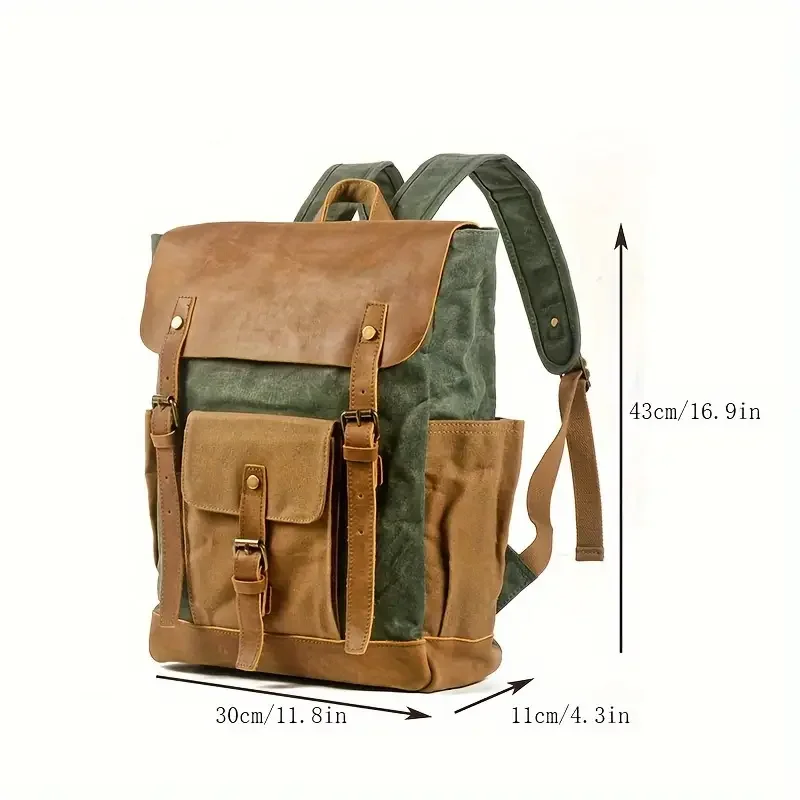 Vintage and Contrast Color Oil Wax Waterproof Travel Backpack Canvas Bag Backpack Computer Bag Large Capacity Backpack