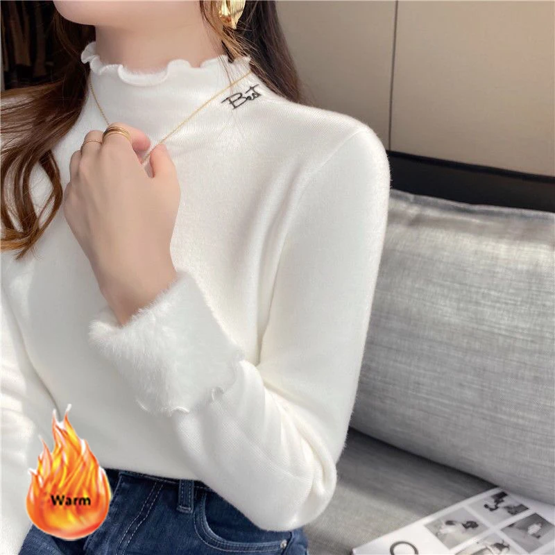 Women Letter Embroidery Plush Velvet Sweater Korean Half Turtleneck Knitted Sueter Fleece Lined Long Sleeve Knitwear Pullover